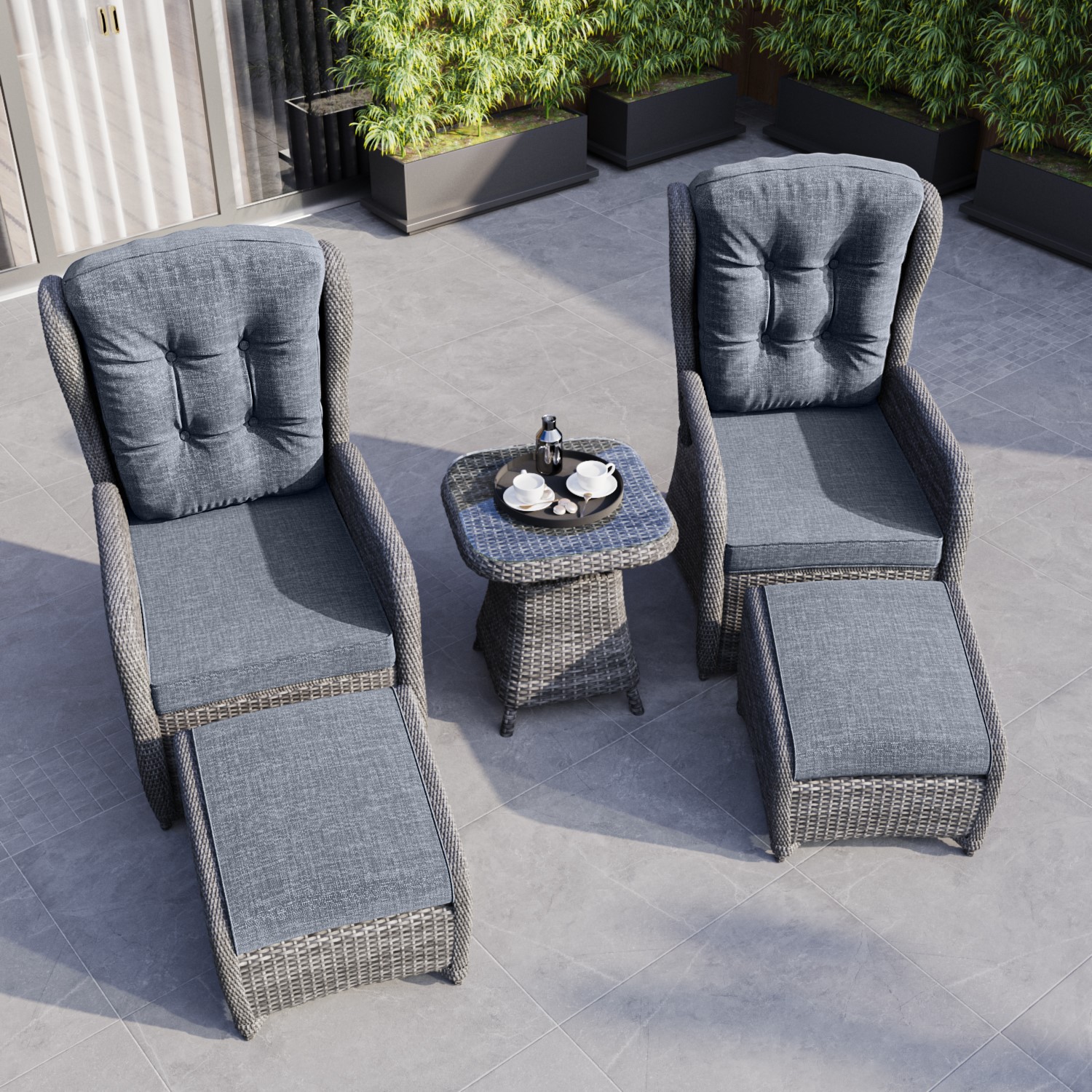 Read more about Reclining rattan garden sun lounger set with table and footstools dark grey aspen